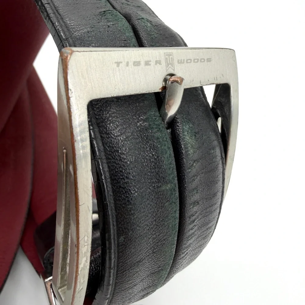 Tiger Woods Nike Golf Mens Black Genuine Leather‎ Belt Silver Buckle Size 44